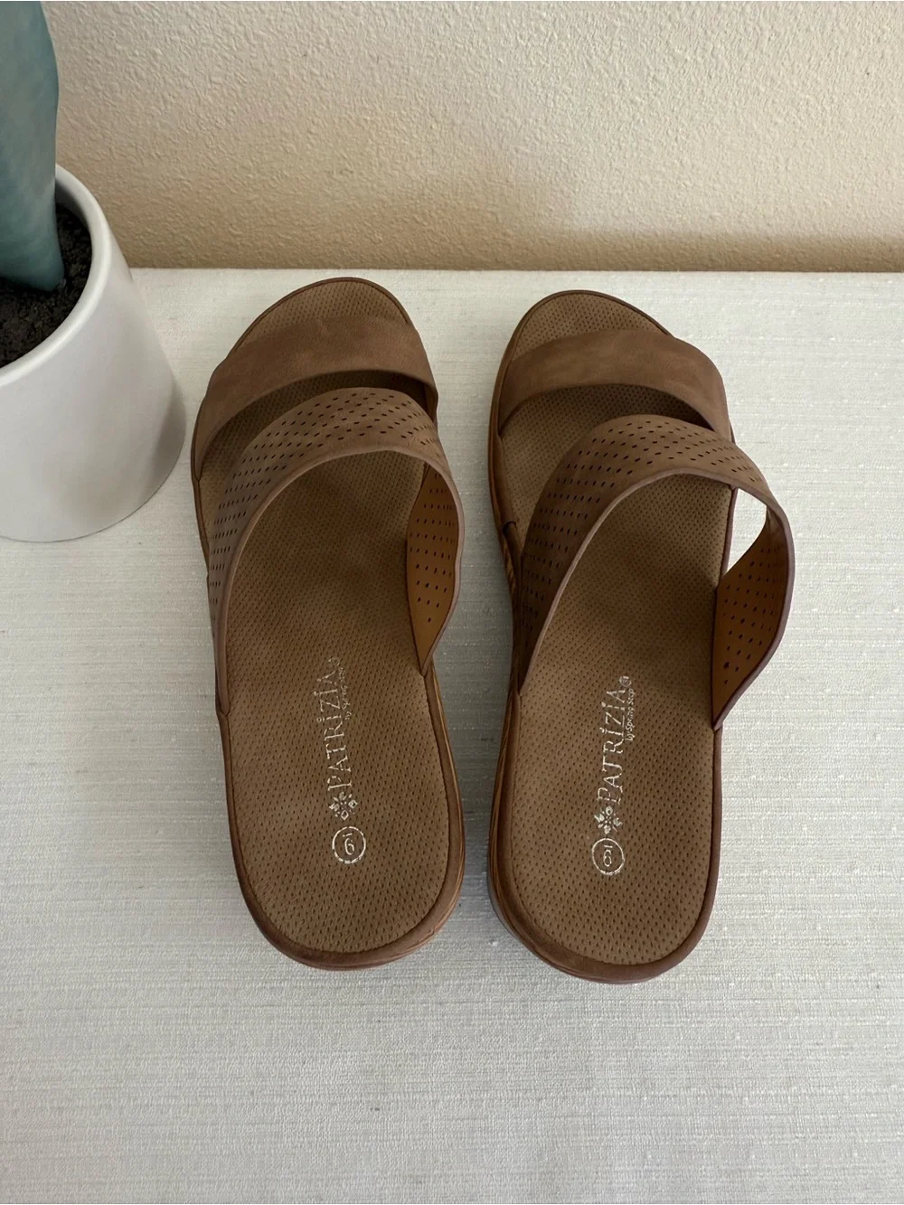 New Patrizia Brown Perforated Wedge Slide Sandals - Casual Platform Comfort